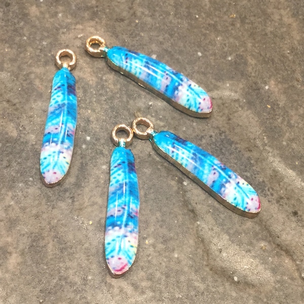 CLEARANCE Gold finish Feather charms with blue enamel detail Package of 4 Feather charms for jewelry making