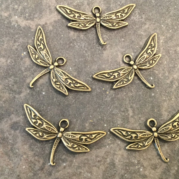 Bronze Dragonfly charms Package of 5 charms perfect for adjustable bangle bracelets Antique bronze finish dragonfly charms