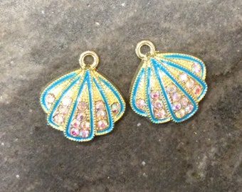 Gold Shell Charms with enamel and AB rhinestone accents Package of 2 charms Beach theme charms
