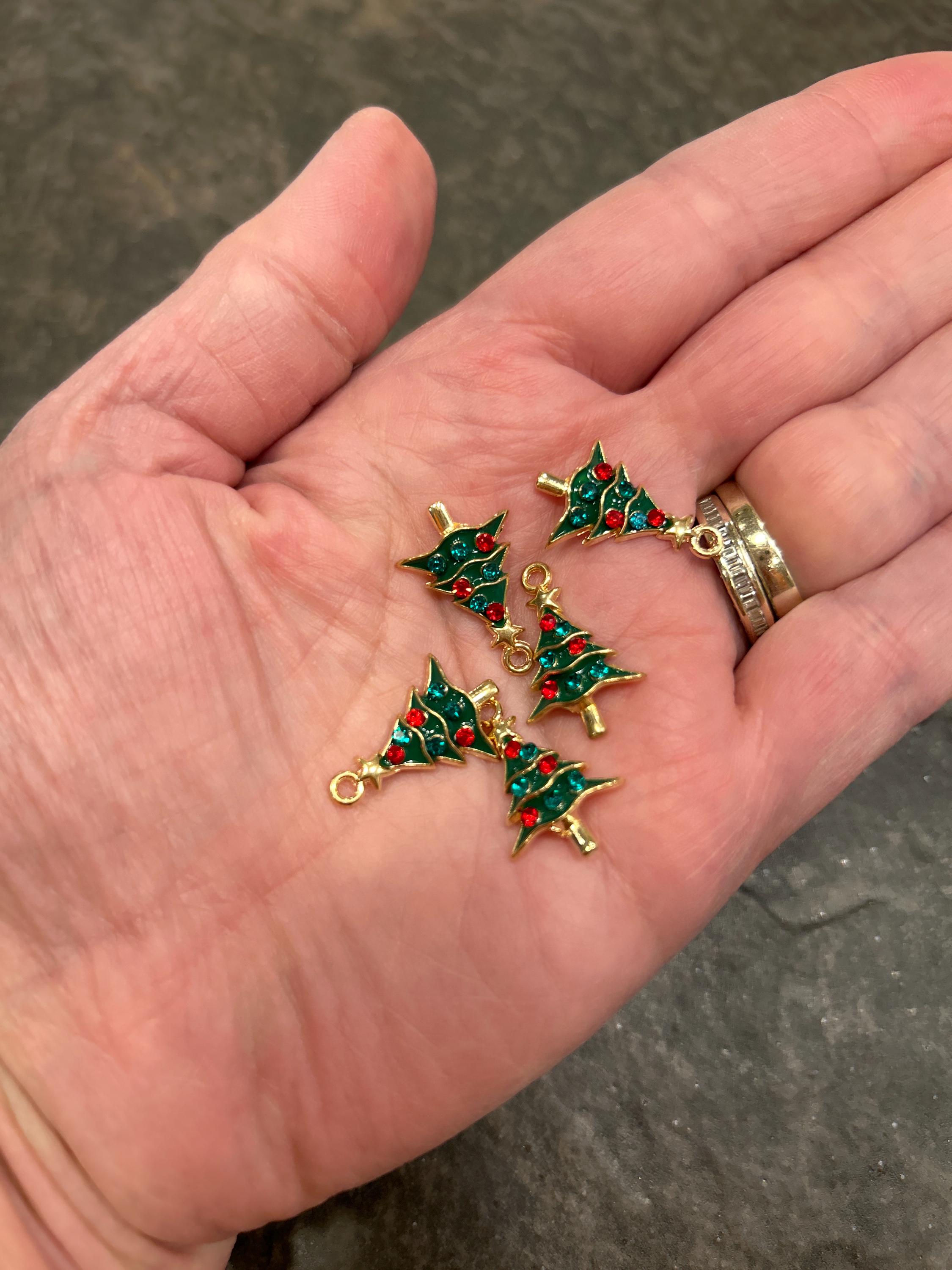5 Breloques Sapin De Noël Strass - 26x17mm, Pour Création De Bijoux, Métal émaillé