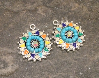 Beaded enamel and AB crystal dangle charms in silver finish package of 2 charms