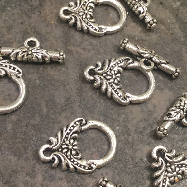 Silver Toggle Clasps with floral filigree detail package of 5 clasps 17mm