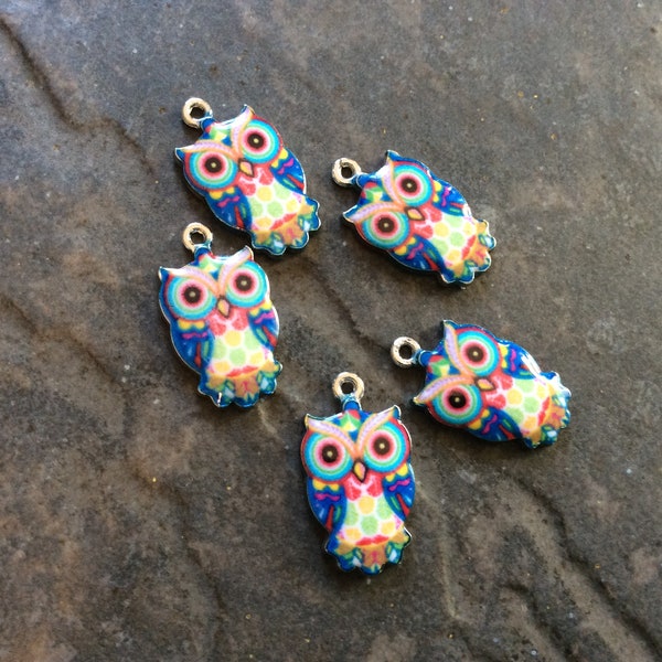 Colorful Blue Owl Charms with silver finish Package of 5 charms for jewelry making Fall colors