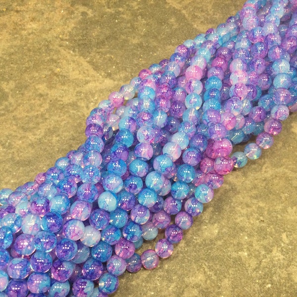 SPECIAL PRICE Magenta, Blue, Opalite mix baked finish glass beads 6mm Full strand of 133 pieces 31 inch strand