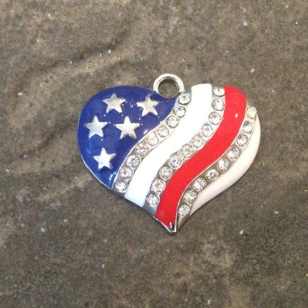 American Flag enamel heart charms with rhinestone detail One charm Patriotic charms Military charms Fourth of July charms