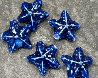 Porcelain starfish beads in nautical blue package of 5 focal beads