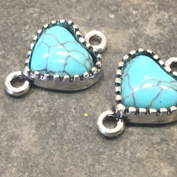 Turquoise connectors Package of 2 Heart shaped silver and turquoise connectors for jewelry making Turquoise earring findings