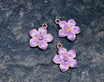 CLEARANCE Spring Flower charms in gold finish with purple enamel detail package of 3 charms
