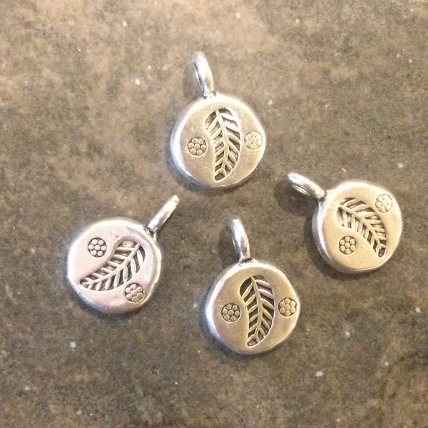 CLEARANCE Leaf pendant charms in antique silver finish set of 4 charms with Hill Tribe accents