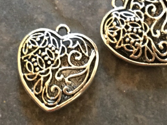 Filigree Puffed Heart Charms Package of 2 Valentines Day Charms or Pendants  Great Quality 