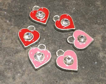 CLEARANCE Red and pink enamel heart charms with rhinestone detail package of 5 charms Great for Valentine’s Day!