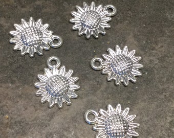 Bright Silver Sunflower charms package of 5 three dimensional puffed flower charms perfect for adjustable bangle bracelets