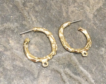 Gold plated brass hammered hoop earring findings with loop One pair Gold hoop earring findings