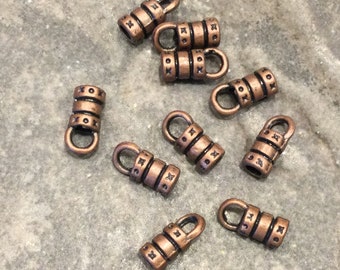 Leather cord ends in antique copper finish Fits up to 2mm cord Pack of 10 9mm cord end caps with loop