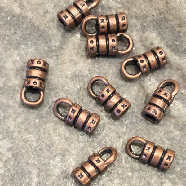 Leather cord ends in antique copper finish Fits up to 2mm cord Pack of 10 9mm cord end caps with loop