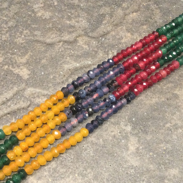 Mixed color Jade  strands 4mm faceted rondelle beads one 14” strand of gold, green, red, and blue beads