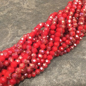 Garnet red opaque faceted crystal round beads with AB metallic finish 4mm full 16” strand Valentines Day beads