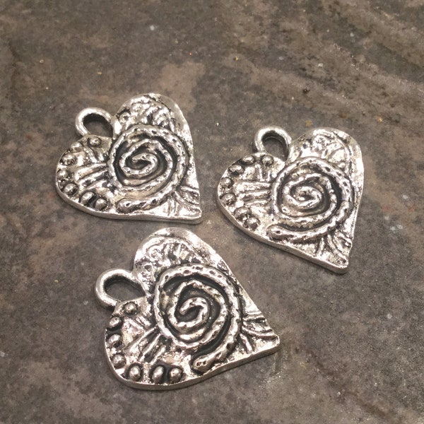 Rustic Heart Charms Package of 3 antique silver finish charms great for Boho necklaces and jewelry