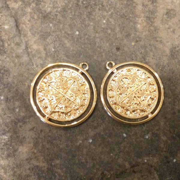 Etruscan style Coin charms in light gold finish Beautiful quality package of 2 charms