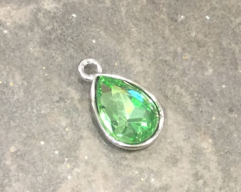 Peridot Green Bezel Set Faceted Rhinestone Charms Teardrop Shaped Faceted Pendants  in Silver finish