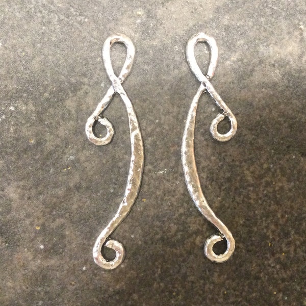 Rustic hammered silver long earring connectors Package of 2 connectors