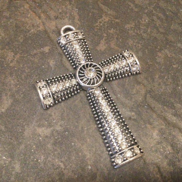 CLEARANCE Large Ornate silver Celtic cross charms with Rhinestone crystals Religious Christian charms great for pendants