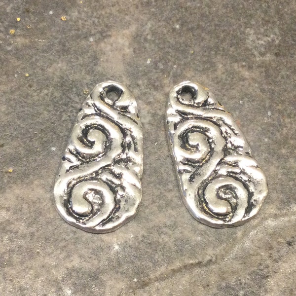 Rustic Swirl elongated teardropTag Charms Package of 2 antique silver finish charms great for Boho necklaces and jewelry