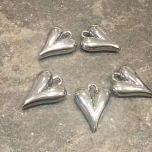 Silver Puffed Heart Charms Package of 5 elongated heart charms or pendants Heart Charms for jewelry making