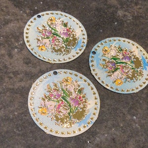 CLEARANCE Mandala charms with gold finish and Blue Floral print round charms Summer charms Package of 3 charms
