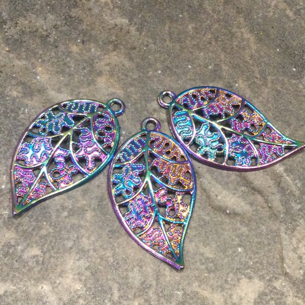 Rainbow Filigree Leaf charms  package of 3 colorful charms for jewelry making