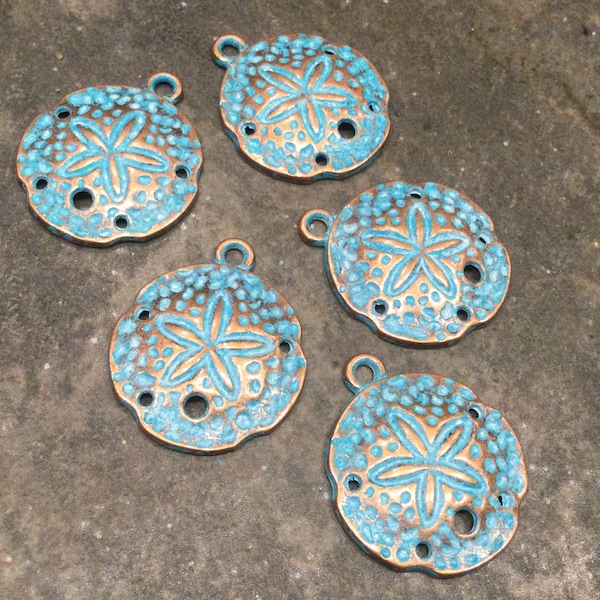 Sand Dollar charms in Copper with green patina Package of 5 charms Top Quality Beach theme charms