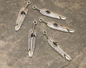 CLEARANCE Silver Feather charms with black enamel detail Package of 5 Feather charms for jewelry making