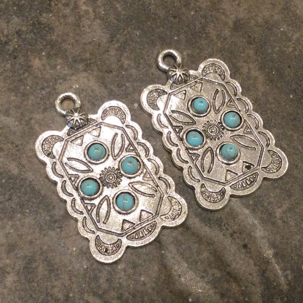 Turquoise Western style plaque charms with Resin cabochon Package of 2 Turquoise charms for jewelry making