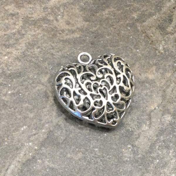 Filigree Puffed Heart Pendant charm One Valentines Day charm Great Quality!