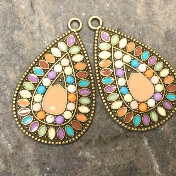 Colorful enamel and rhinestone bronze teardrop dangle charms package of 2 charms