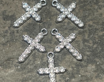 Rhinestone silvertone cross charms package of 5 charms