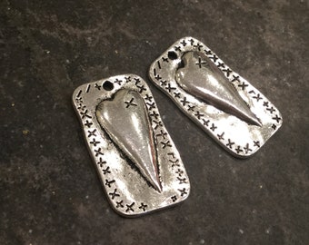 Rustic Heart elongated Tag Charms Package of 2 antique silver finish charms great for Boho necklaces and jewelry