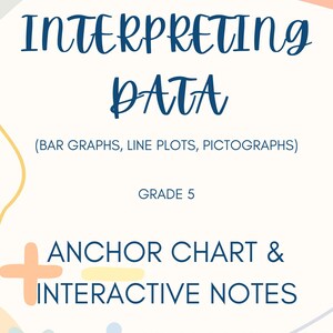 Puede incluir: Un recurso educativo blanco con el título "INTERPRETING DATA" en azul. Cubre gráficos de barras y gráficos de líneas, para el grado 5. El recurso es un gráfico de anclaje y notas interactivas, disponible como PDF.