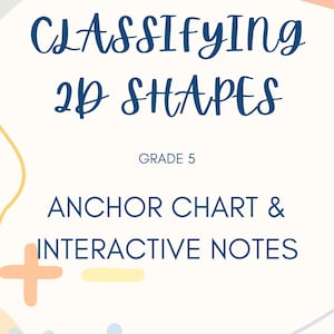 May include: A white educational poster with the title "Classifying 2D Shapes" in navy blue script. The poster includes the text "Grade 5", "Anchor Chart & Interactive Notes", and "Download & View as a PDF". Decorative orange, yellow, and blue shapes are in the corners.