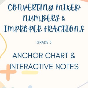 May include: A cream-coloured educational chart with navy blue text. The title reads "Converting Mixed Numbers & Improper Fractions" with "Grade 5" below. It includes "Anchor Chart & Interactive Notes" and "Download & View as a PDF".