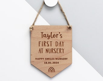 Personalised First Day of Nursery Beech Wood Flag Keepsake