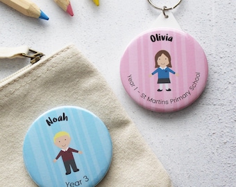 Personalised School Name Badge or Keyring: Custom Character Back to School Gift