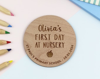 Personalised First Day of Nursery Keepsake Disc: Engraved Wooden Photo Prop