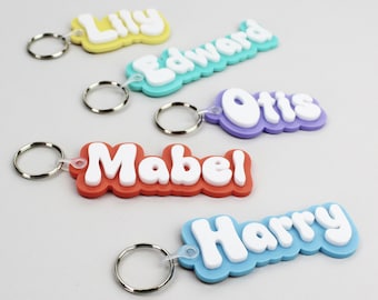 Personalised Two-Tone Acrylic Name Keyring, Retro Style School Bag Tag