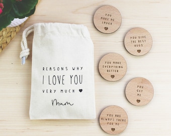 Personalised Reasons I Love You Tokens: Engraved Wooden Discs, Cotton Gift Bag