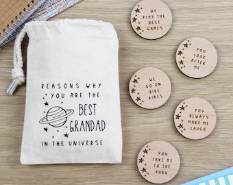 Personalised Grandad Gift: Engraved Wooden Token Set, Recycled Cotton Bag