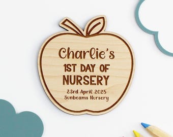 Personalised First Day of Nursery Plaque: Custom Engraved Maple Wood Photo Prop