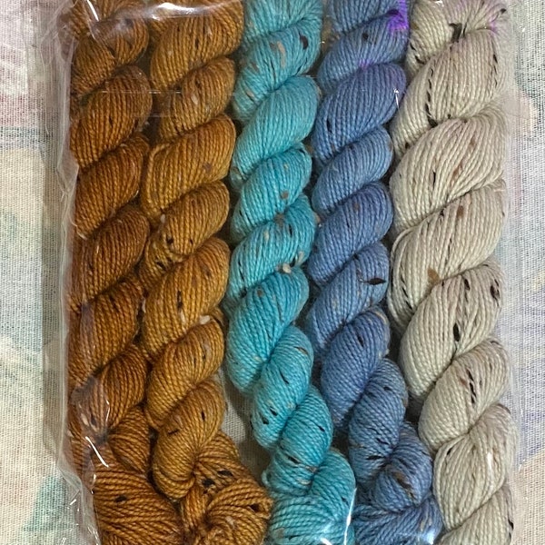 Donegal Sock Yarn Sampler, 5 (20g) mini skeins, 4 dyed and 1 natural, use for gnomes, socks or other small project.