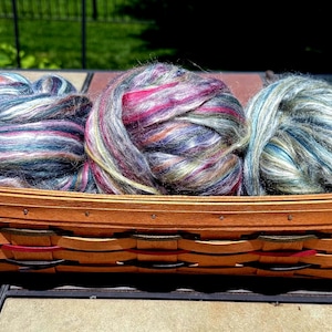 70 MerinoWool/30Silk Blended Top Fiber - Colors: Diablo, Del Mar, and Jamaica. Spin it - Card it - Blend it, into fiber delights