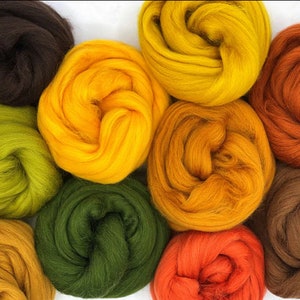 May include: Close-up of colorful wool roving in shades of yellow, orange, green, and brown. The wool is tightly coiled, showcasing its texture and vibrant hues. Ideal for fiber art projects like felting and spinning.